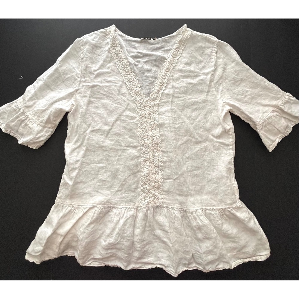 Francesca Bettini White Linen Crochet Lace Peplum Blouse Italy Large Boxy EUC - Picture 9 of 9